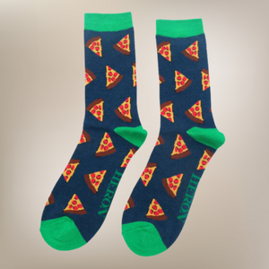 Bamboo Socks - Green Cuff, toes and heel, navy background with Pizza Slice Pattern
