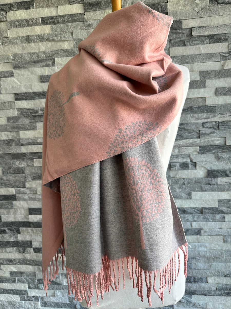 Baby Pink and Grey Reversible Mulberry Tree Scarf, Cashmere Blend