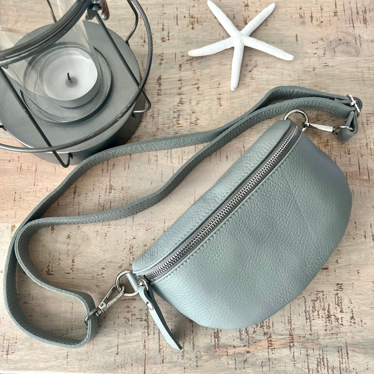 Pale Grey Italian leather Bum Bag Chest Bag lusciousscarves