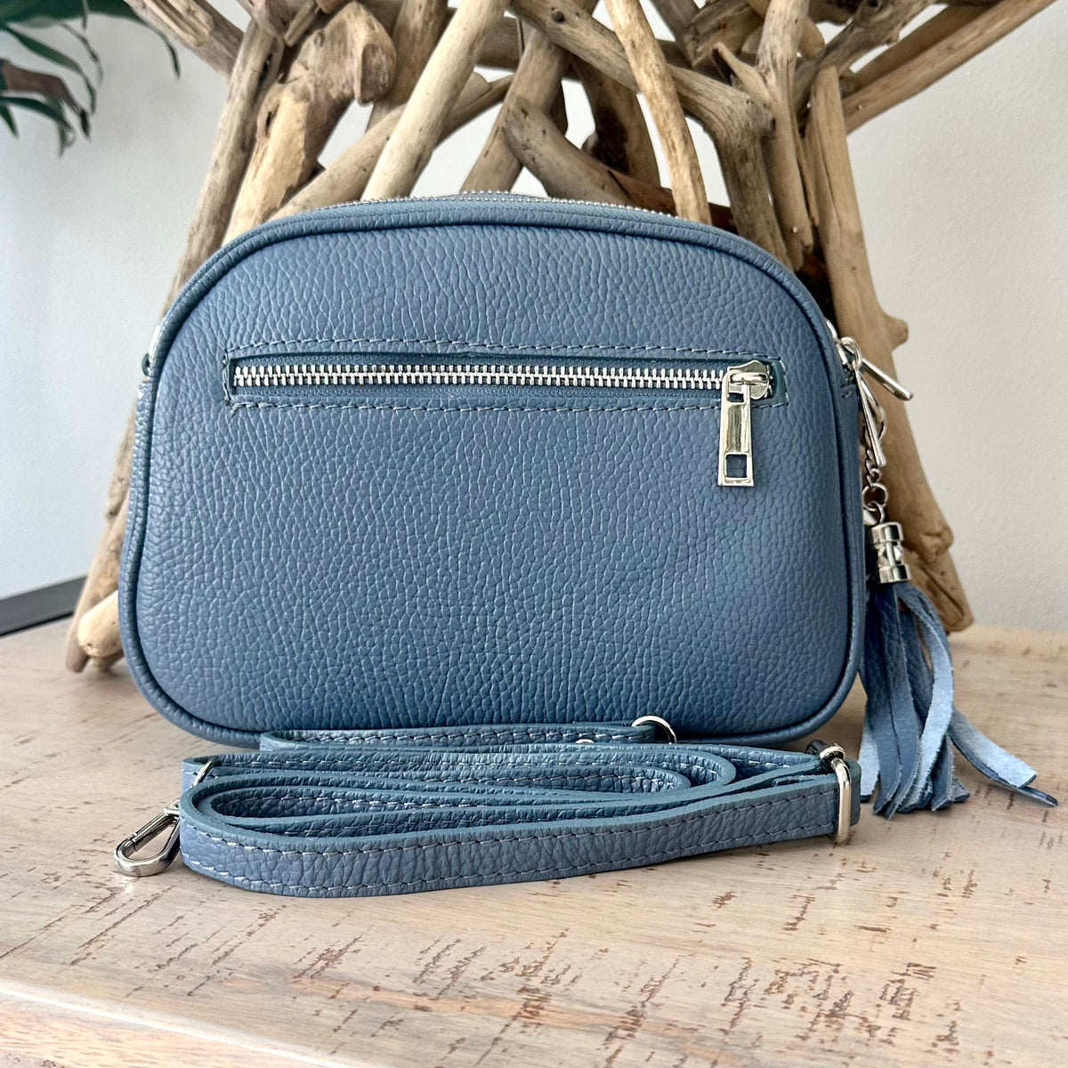 Blue Crossbody Camera Bag Denim Blue Triple Zip Italian Leather