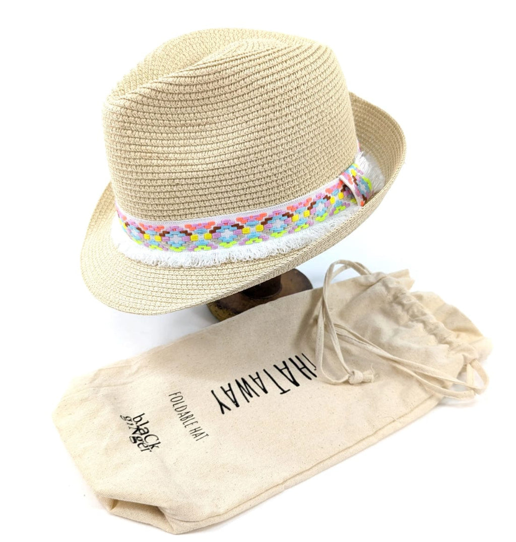 lusciousscarves Foldable Natural Coloured Trilby Hat with a Neon Aztec Ribbon Design.