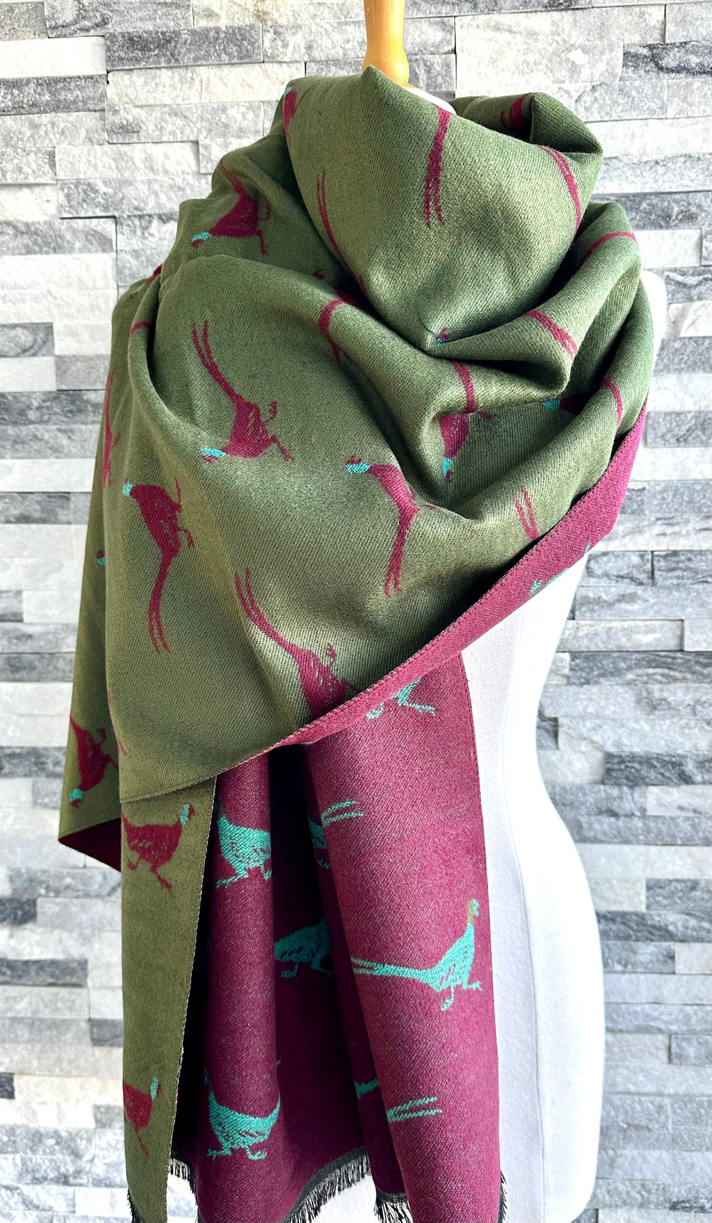 lusciousscarves Green, Burgundy and Teal Reversible Scarf / Shawl With Pheasants Design