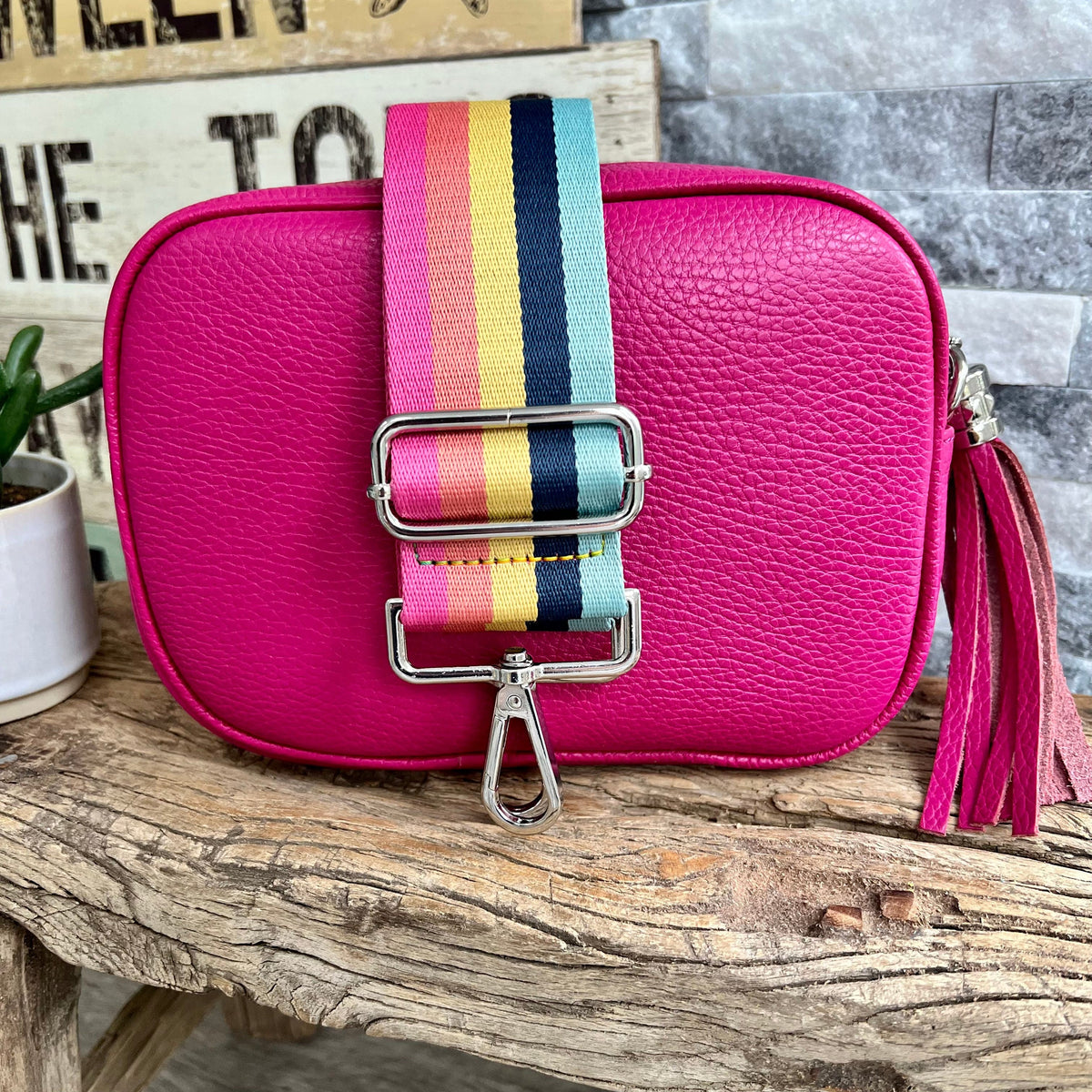 Hot Pink Italian leather camera style crossbody bag with wide strap