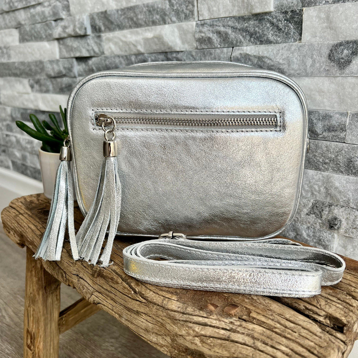 Silver leather cross body bag clearance