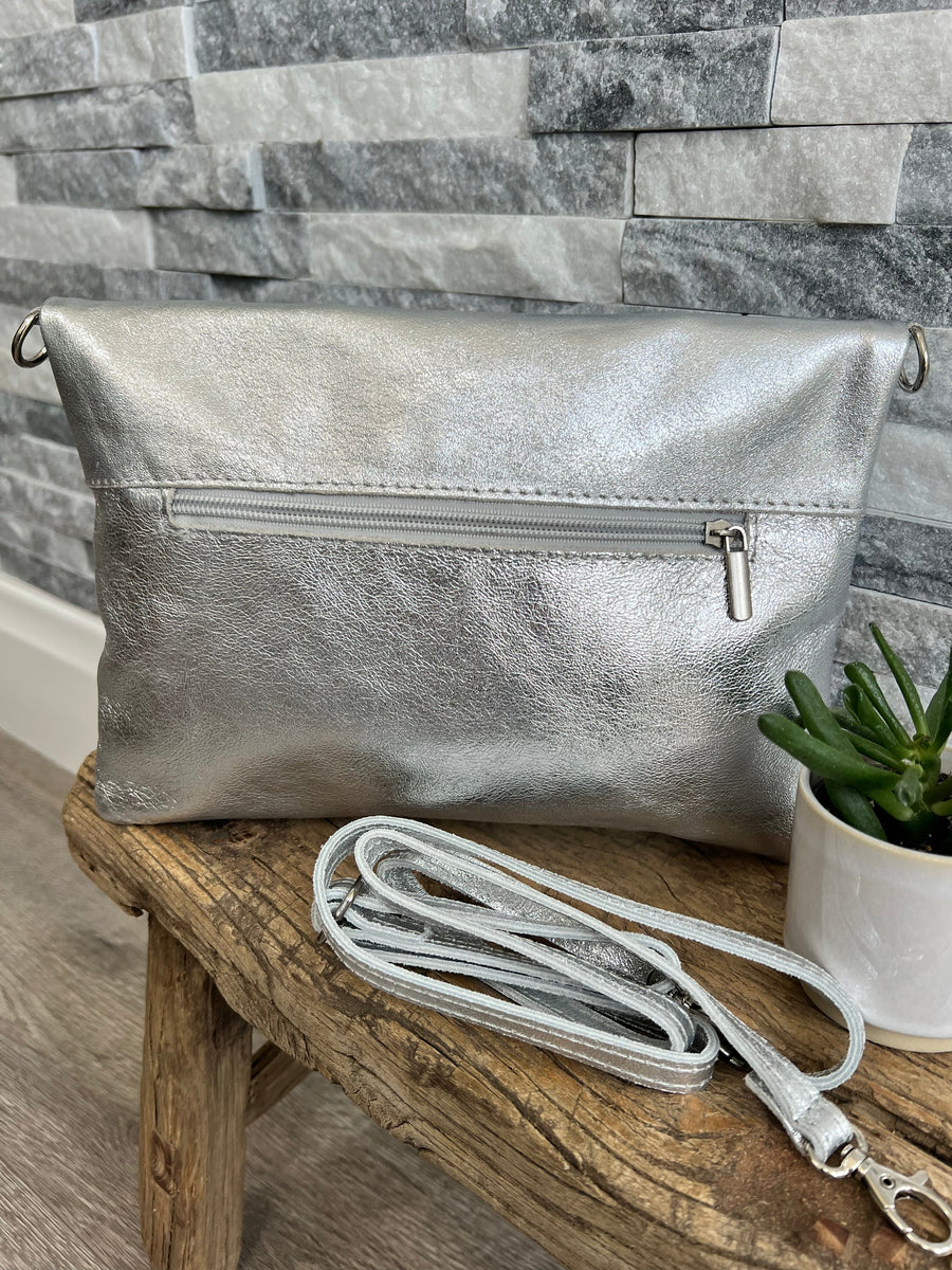 Silver Metallic Leather Clutch Bag luscious scarves