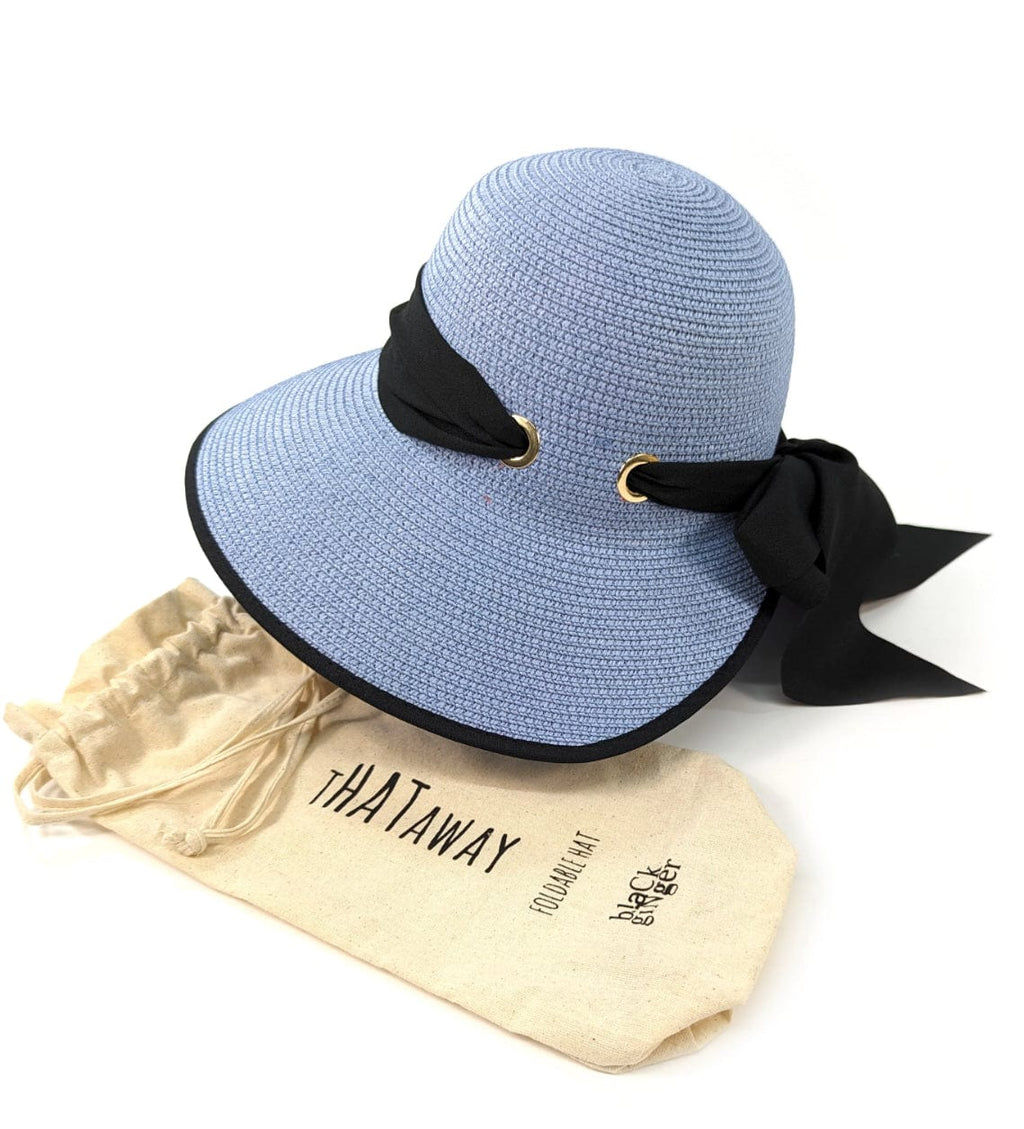 lusciousscarves Ladies Blue Open Back Foldable, Packable Sun Hat , Black Ribbon Bow Design