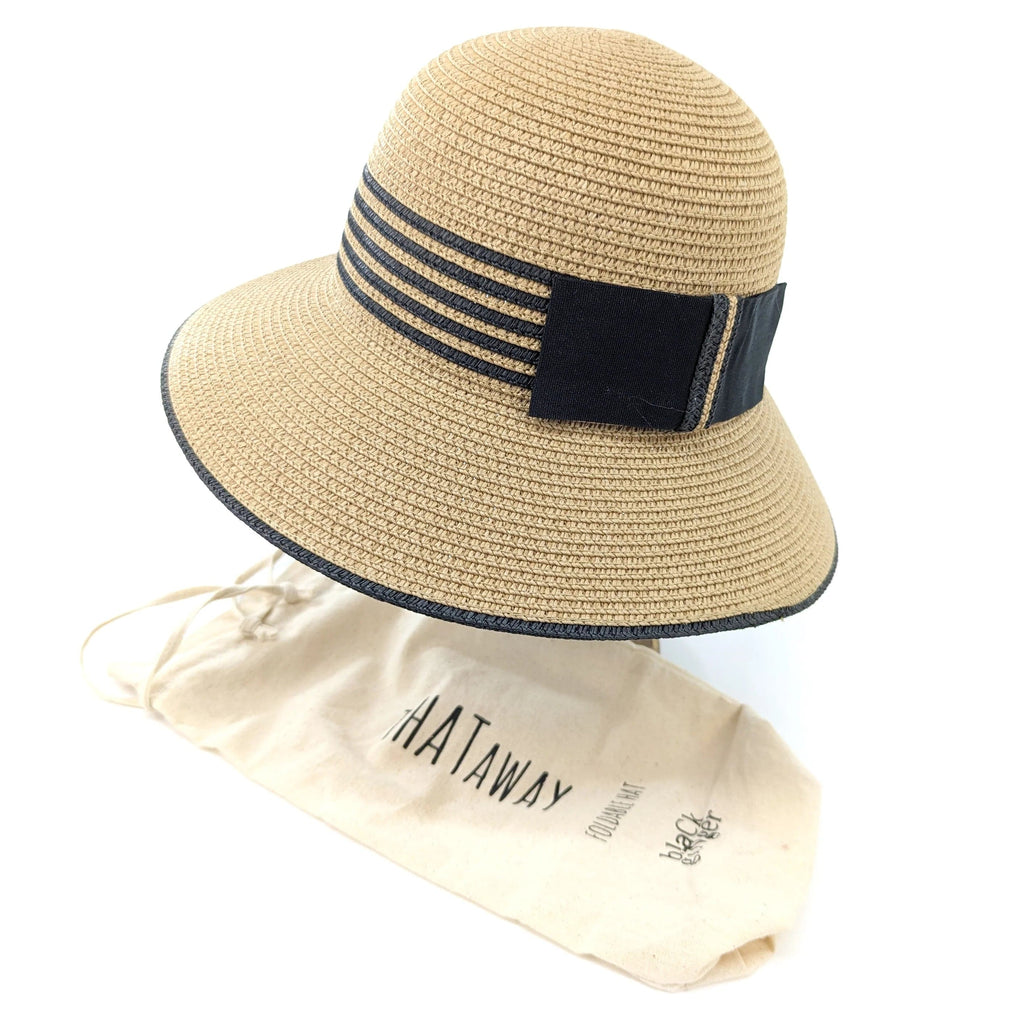 lusciousscarves Ladies Cloche Style Folding Sun Hat Natural Coloured with a Black Stripey Band,