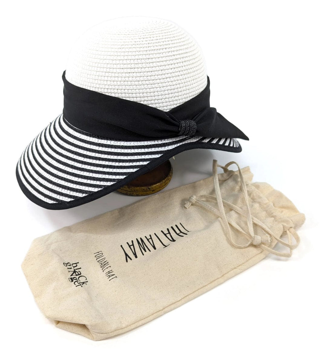 lusciousscarves Ladies Stripey Open Back Foldable, Packable Sun Hat , Black and White