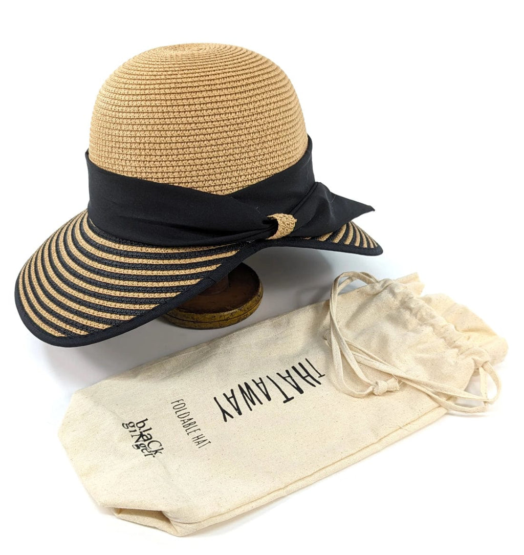 lusciousscarves Ladies Stripey Open Back Foldable, Packable Sun Hat , Natural and Black