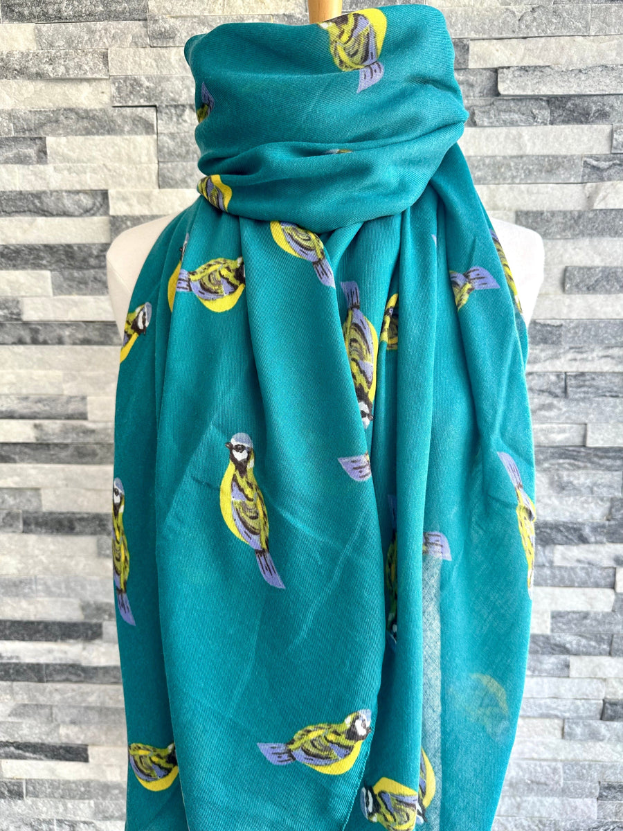 Ladies Teal Scarf with Blue Tits Design – luscious scarves