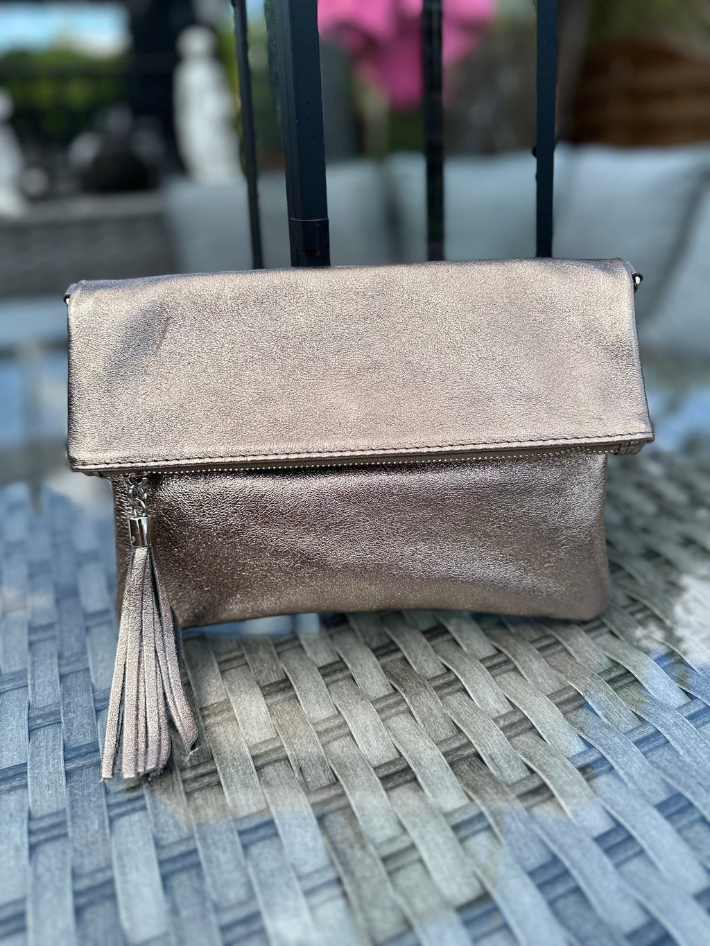 lusciousscarves Metallic Bronze Italian Leather Fold Over Clutch Bag