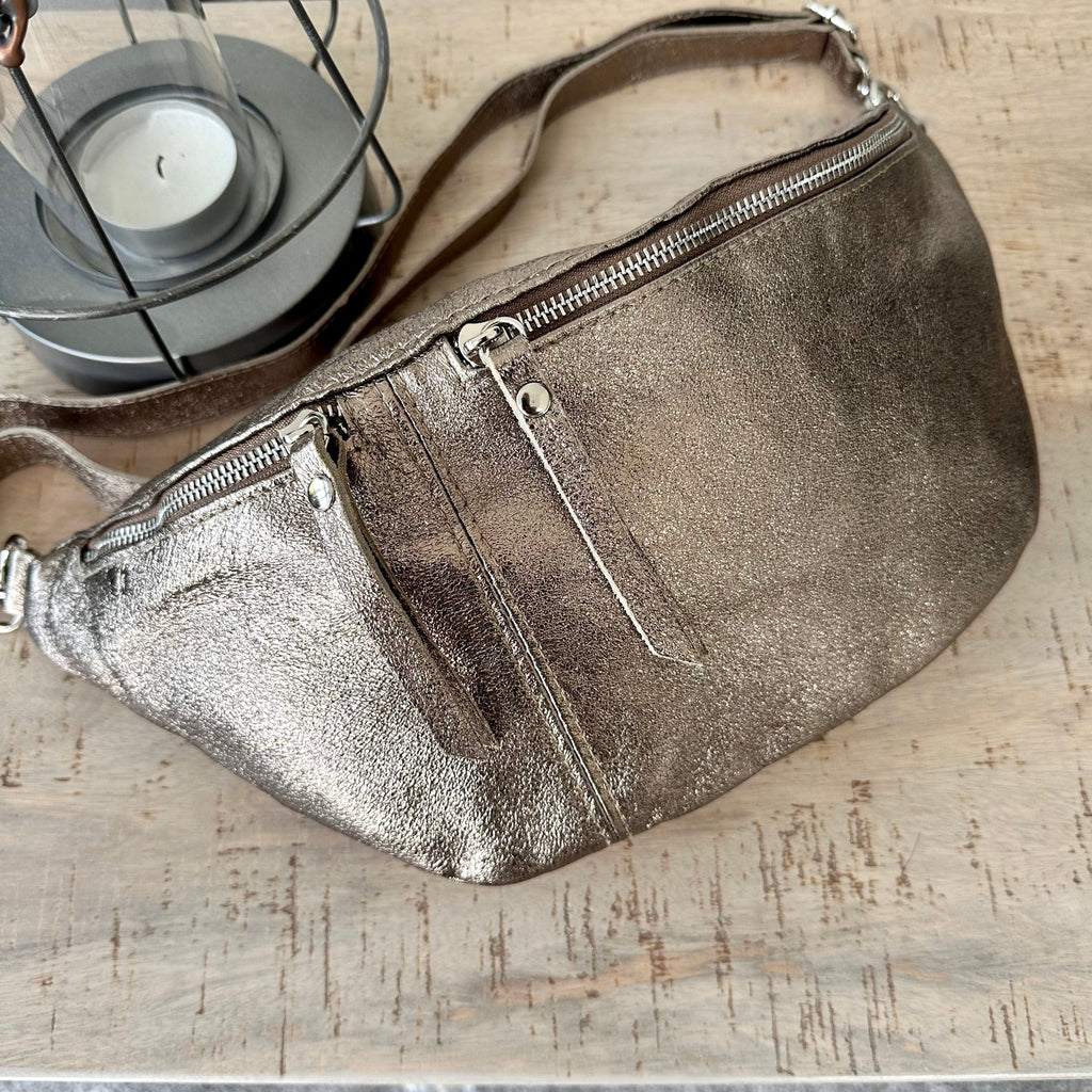 lusciousscarves Metallic Bronze Italian Leather Sling Bag / Chest Bag