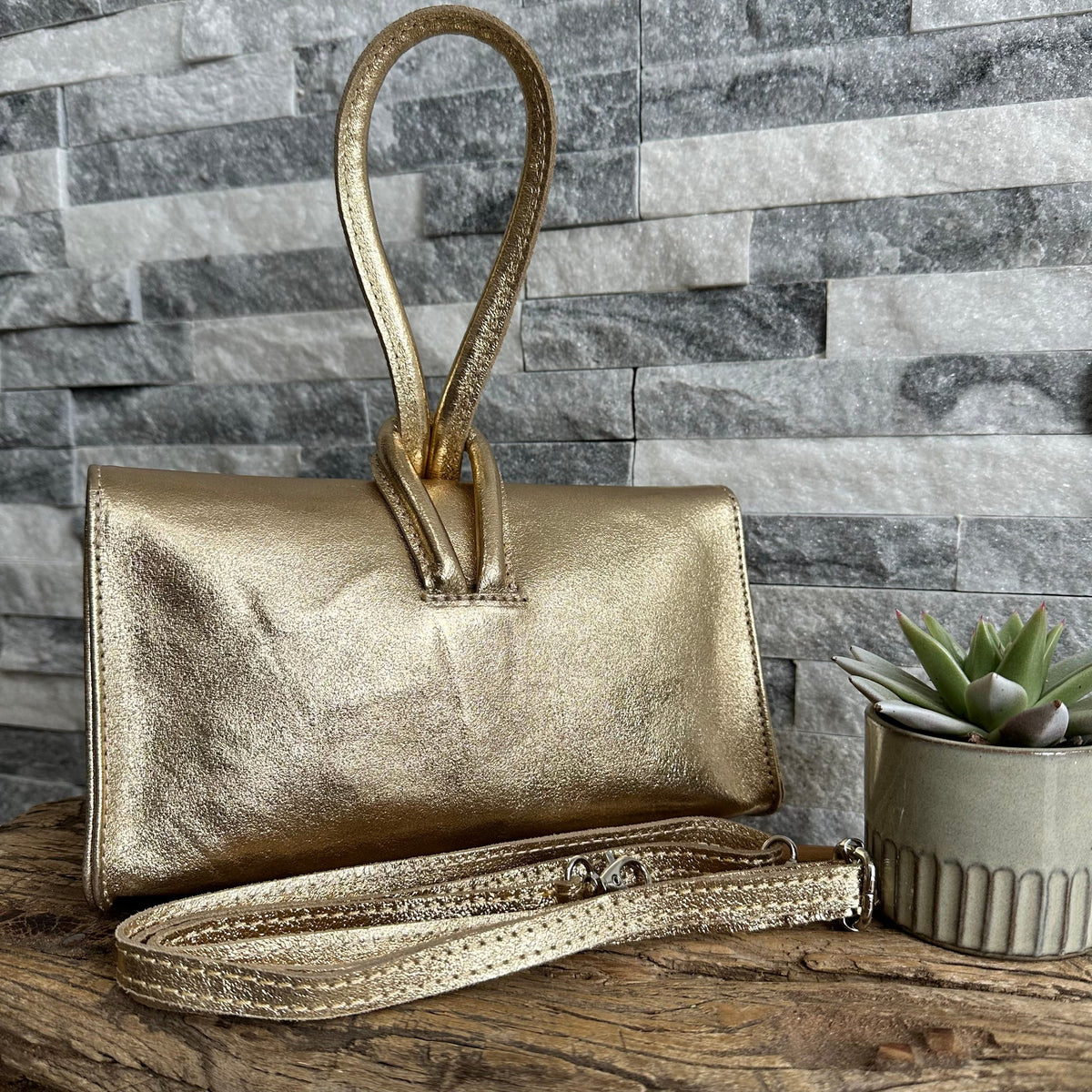 Metallic Gold Italian Leather Clutch Bag with Loop Handle