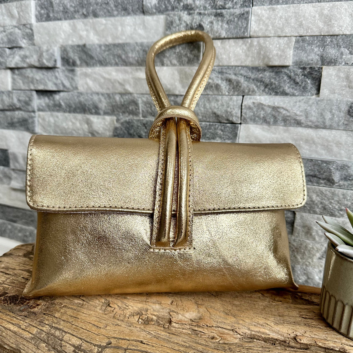 Metallic Gold Italian Leather Clutch Bag Evening Bag with a Loop Han luscious scarves