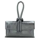 Load image into Gallery viewer, lusciousscarves Metallic Pewter Italian Leather Clutch Bag , Evening Bag with Loop Handle, Available in 30 Colours
