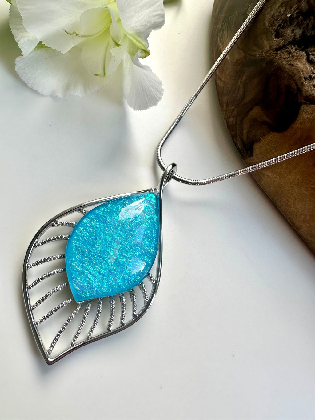 lusciousscarves Miss Milly Aqua Turquoise and Silver Resin Teardrop Pendant Necklace FN525