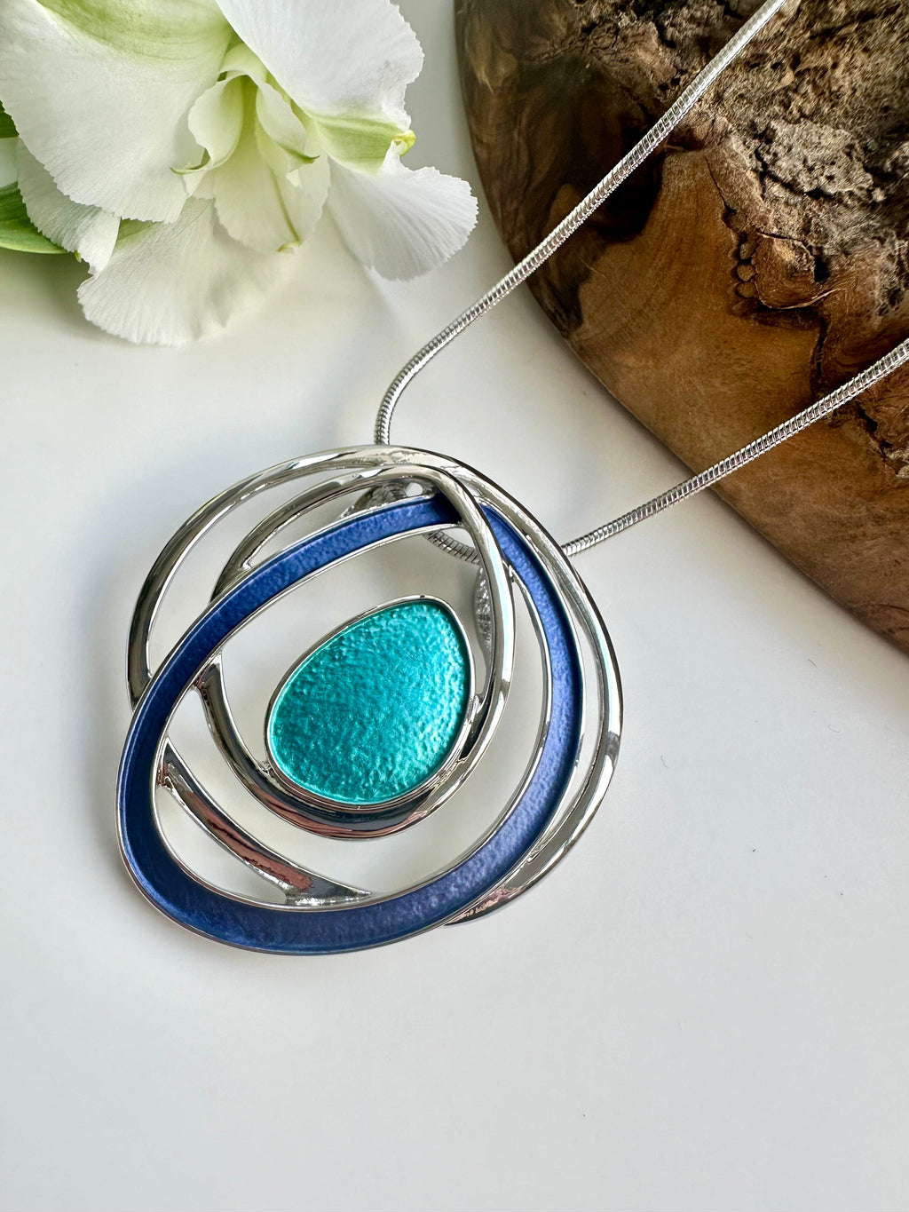 lusciousscarves Miss Milly Long Necklace with Turquoise, Blue and Silver Swirl Pendant FN635