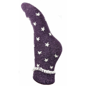 lusciousscarves Purple Wool Blend Cuff Socks with Cream Stars.