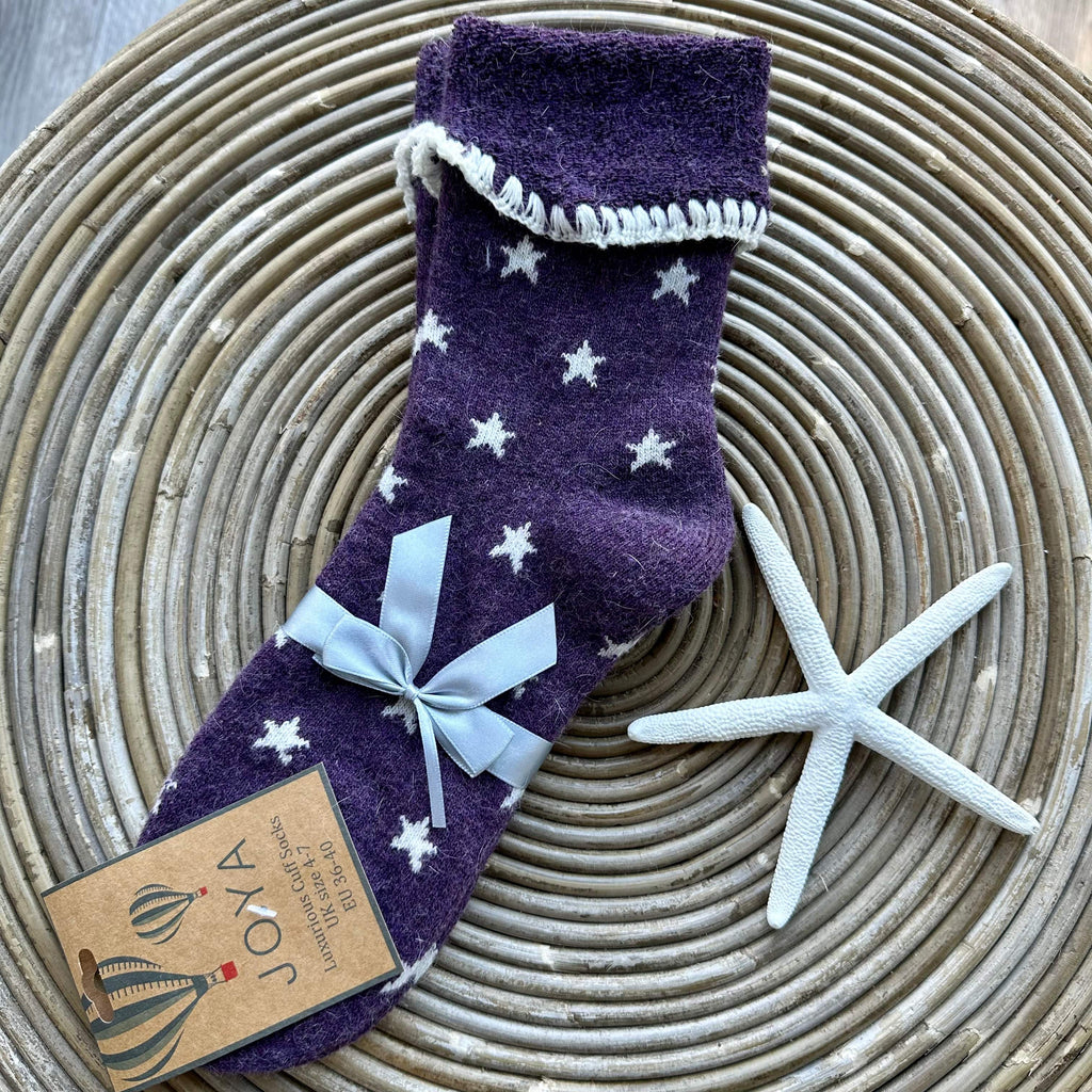 lusciousscarves Purple Wool Blend Cuff Socks with Cream Stars.