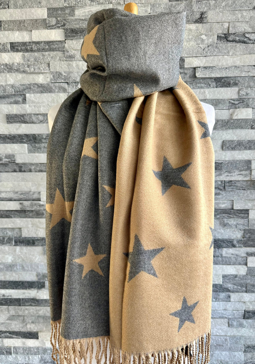 Reversible Camel and Grey Stars Scarf/Shawl Cashmere Blend