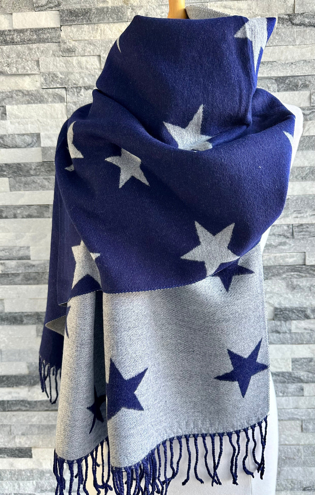 lusciousscarves Reversible Navy and Grey Stars Scarf/Shawl Cashmere Blend