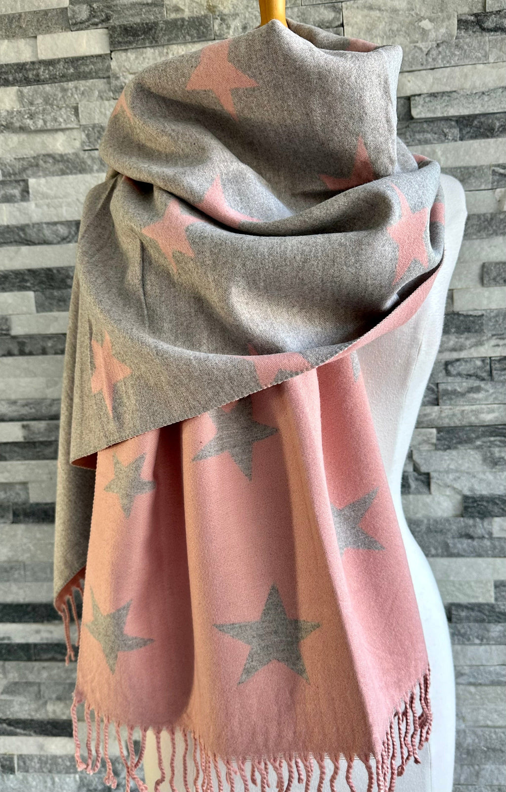 lusciousscarves Reversible Pale Pink and Grey Stars Scarf/Shawl Cashmere Blend