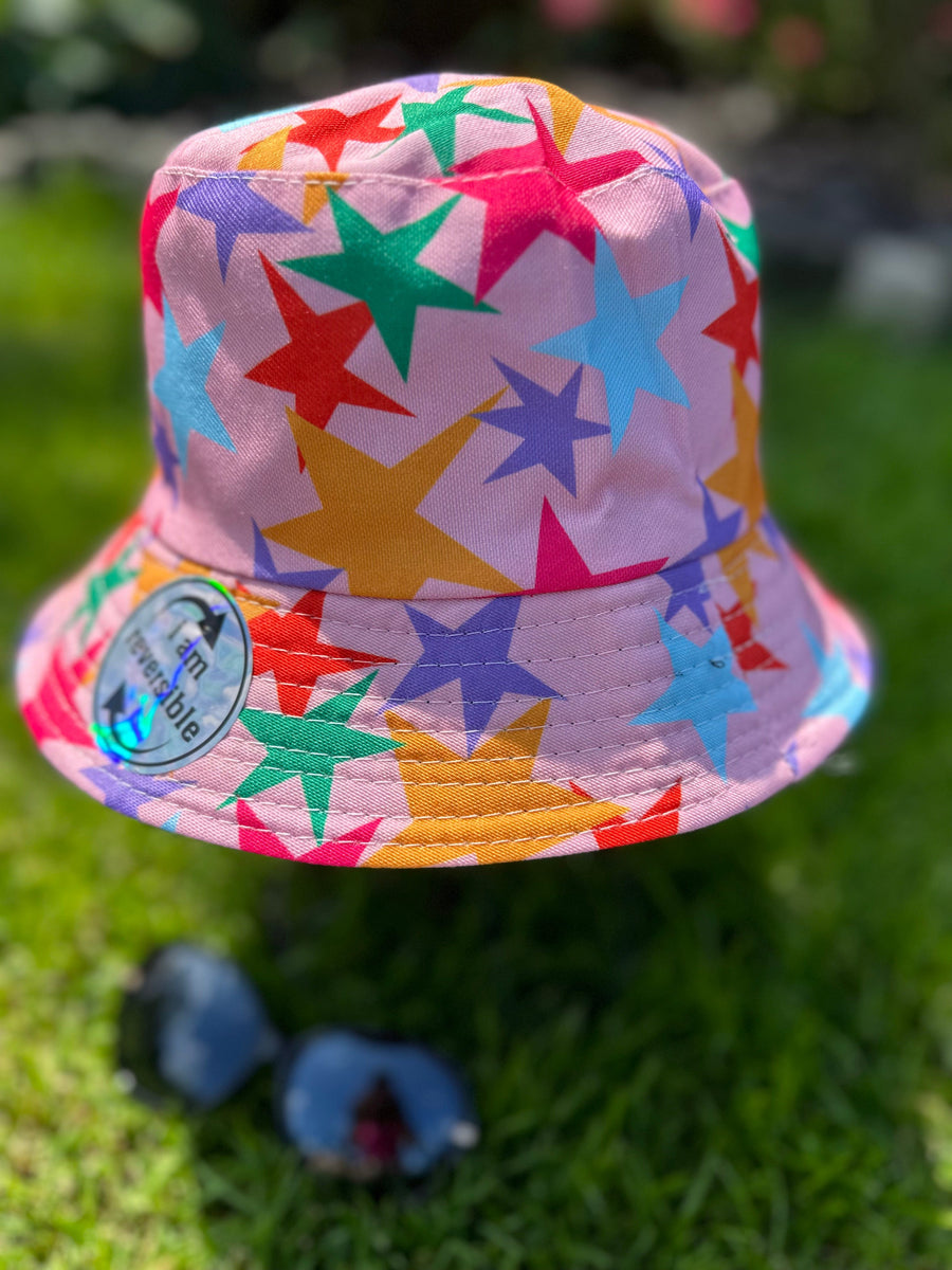 Pink Bucket Hat with Multi Coloured Stars Design Reversible