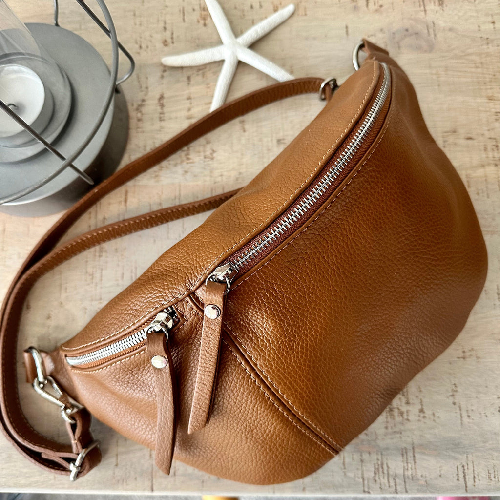 lusciousscarves Tan Brown Italian Leather Sling Bag / Chest Bag.
