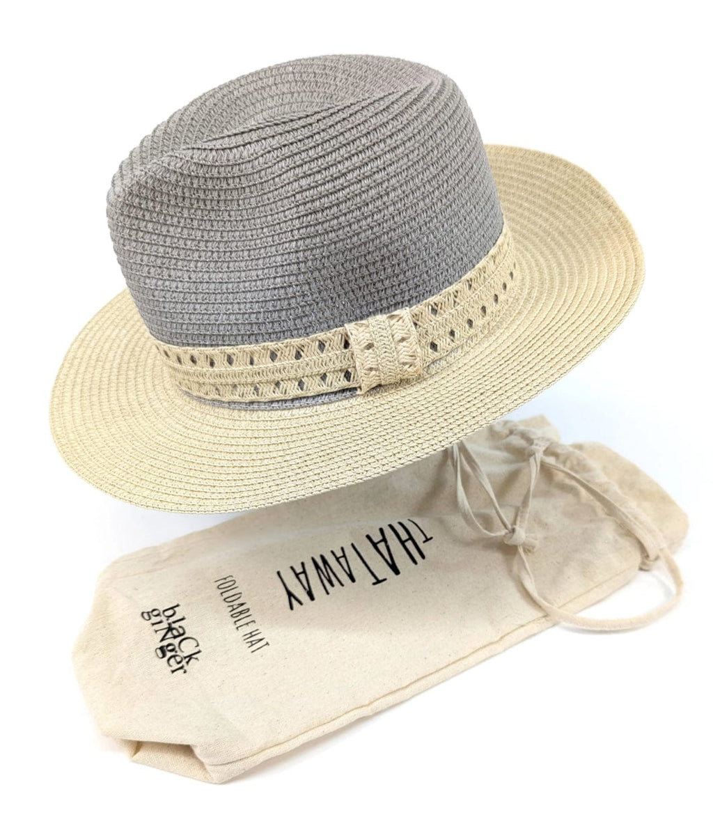 lusciousscarves Vintage Style Packable Panama Hat , Two Tone Grey and Natural , Foldable Travel Hat .
