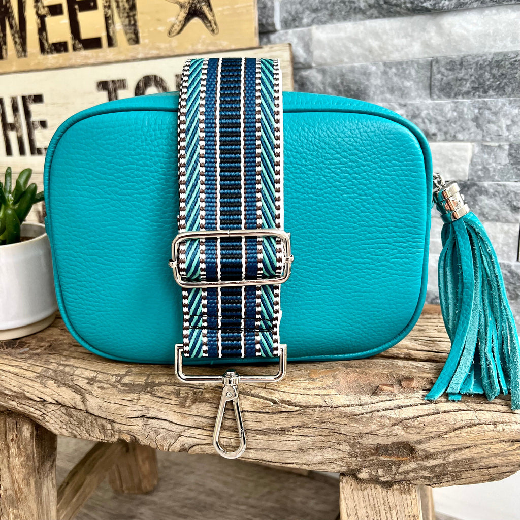 lusciousscarves Guitar Straps Turquoise Italian leather camera style crossbody bag with wide strap combo