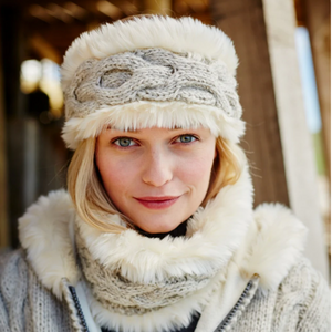 Knitted headband with cream furry exterior