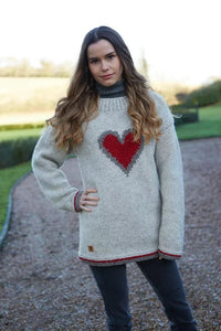 lusciousscarves Medium Pachamama Oatmeal Heart Sweater Jumper, Hand Knitted, Fair Trade
