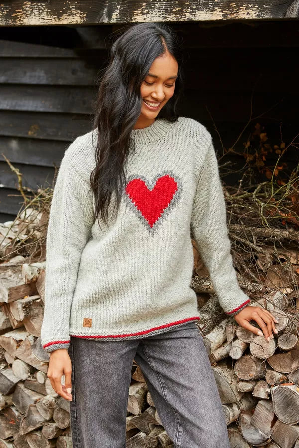 Pachamama Womens Oatmeal Heart Sweater Jumper, Hand Knitted, Fair Trade
