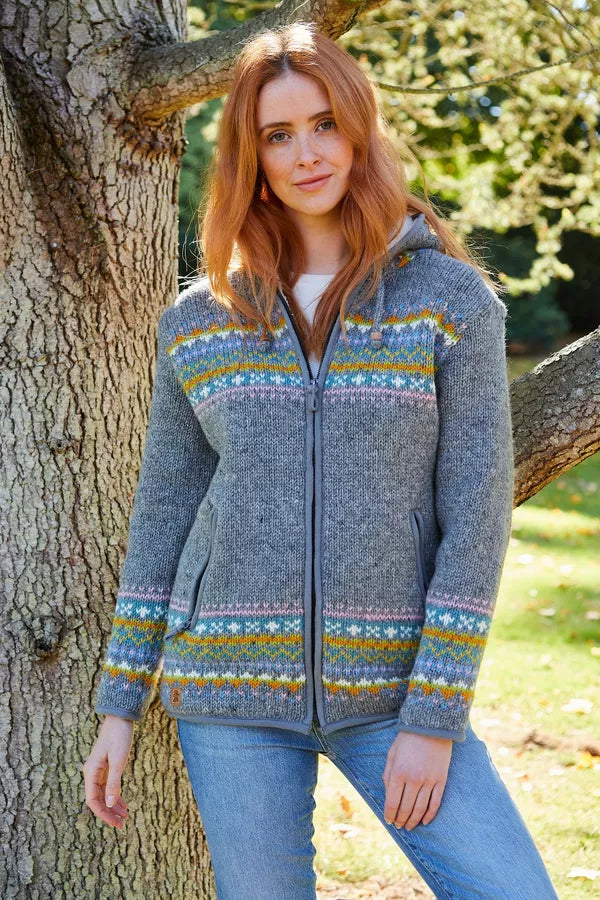 Pachamama Womens Braemar Hoody, Grey , Hand Knitted, Fair Trade