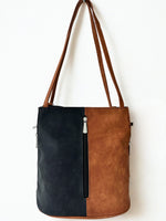Load image into Gallery viewer, luscious scarves Backpacks Black/Tan Faux Suede Shoulder Bag Convertible Backpack.
