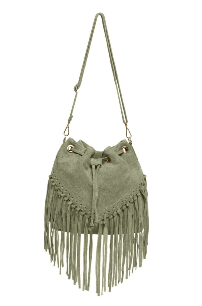 luscious scarves Backpacks Green / Khaki Leather suede fringed tassels bucket bag / handbag
