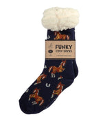 Load image into Gallery viewer, luscious scarves bed socks Horses Navy Ladies Sherpa Slipper Socks with Grips,  Funky Cosy Socks Various Designs Ladies / Mens
