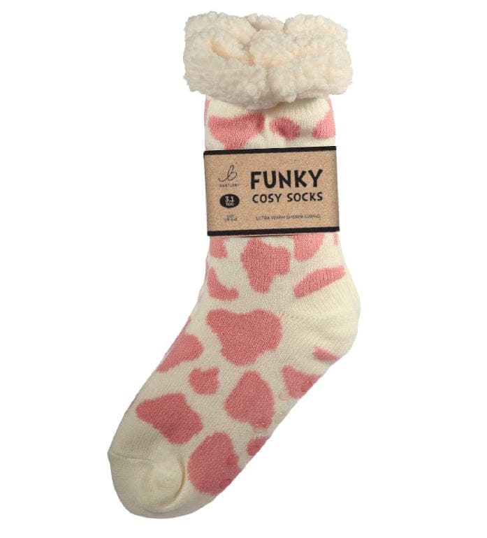 luscious scarves bed socks Pink Cow Print , Ladies Sherpa Slipper Socks with Grips,  Funky Designs Ladies / Mens