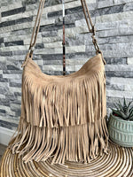 Load image into Gallery viewer, luscious scarves Beige Italian Suede Leather Tassel, Fringe Crossbody / Shoulder Bag . 7 Colours Available
