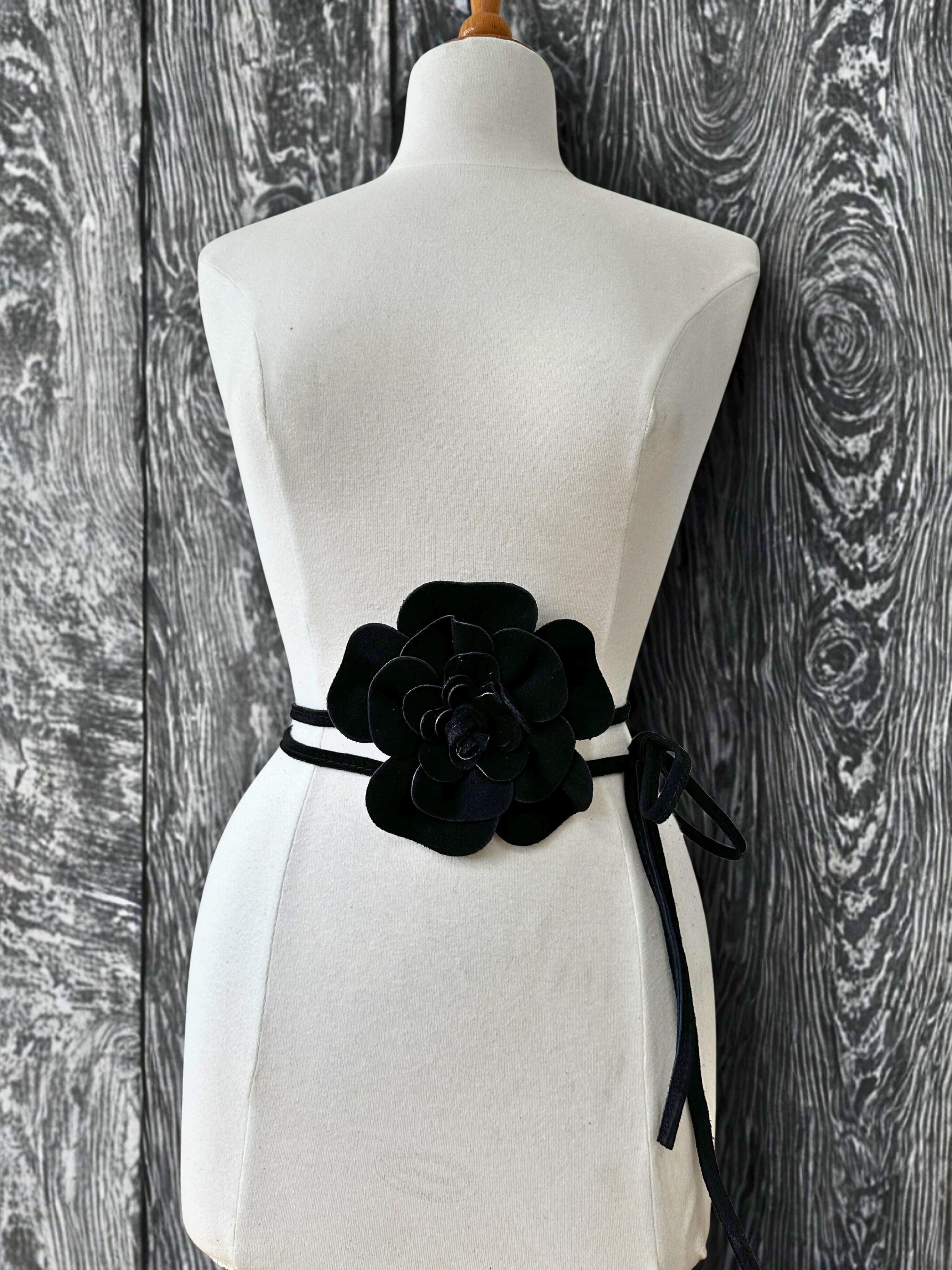 luscious scarves Belts Black Genuine Italian Suede / Leather Flower Boho Belt.