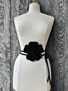 luscious scarves Belts Black Genuine Italian Suede / Leather Flower Boho Belt.