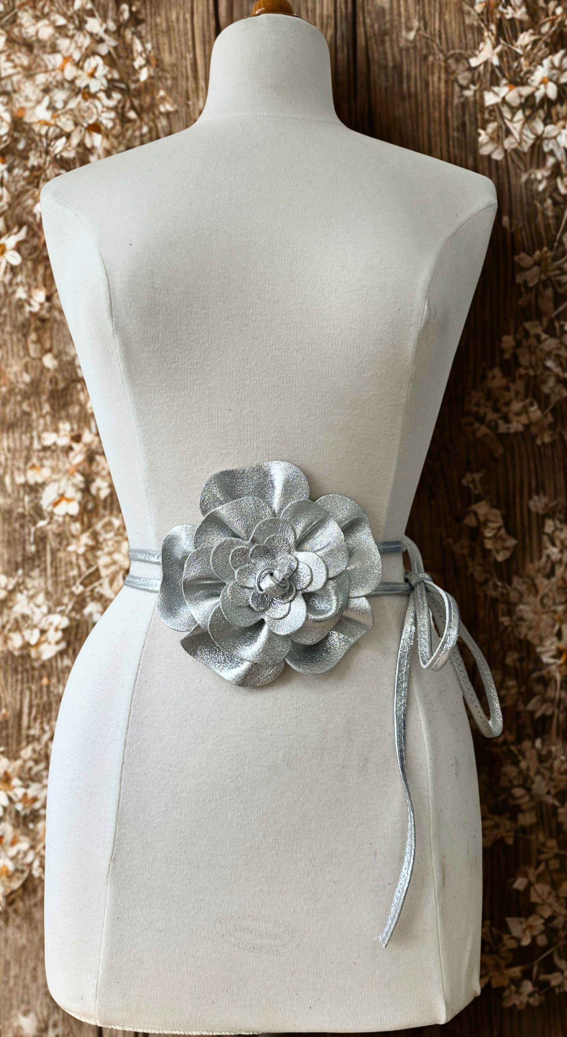 luscious scarves Belts Silver Metallic Genuine Italian Suede / Leather Flower Boho Belt.