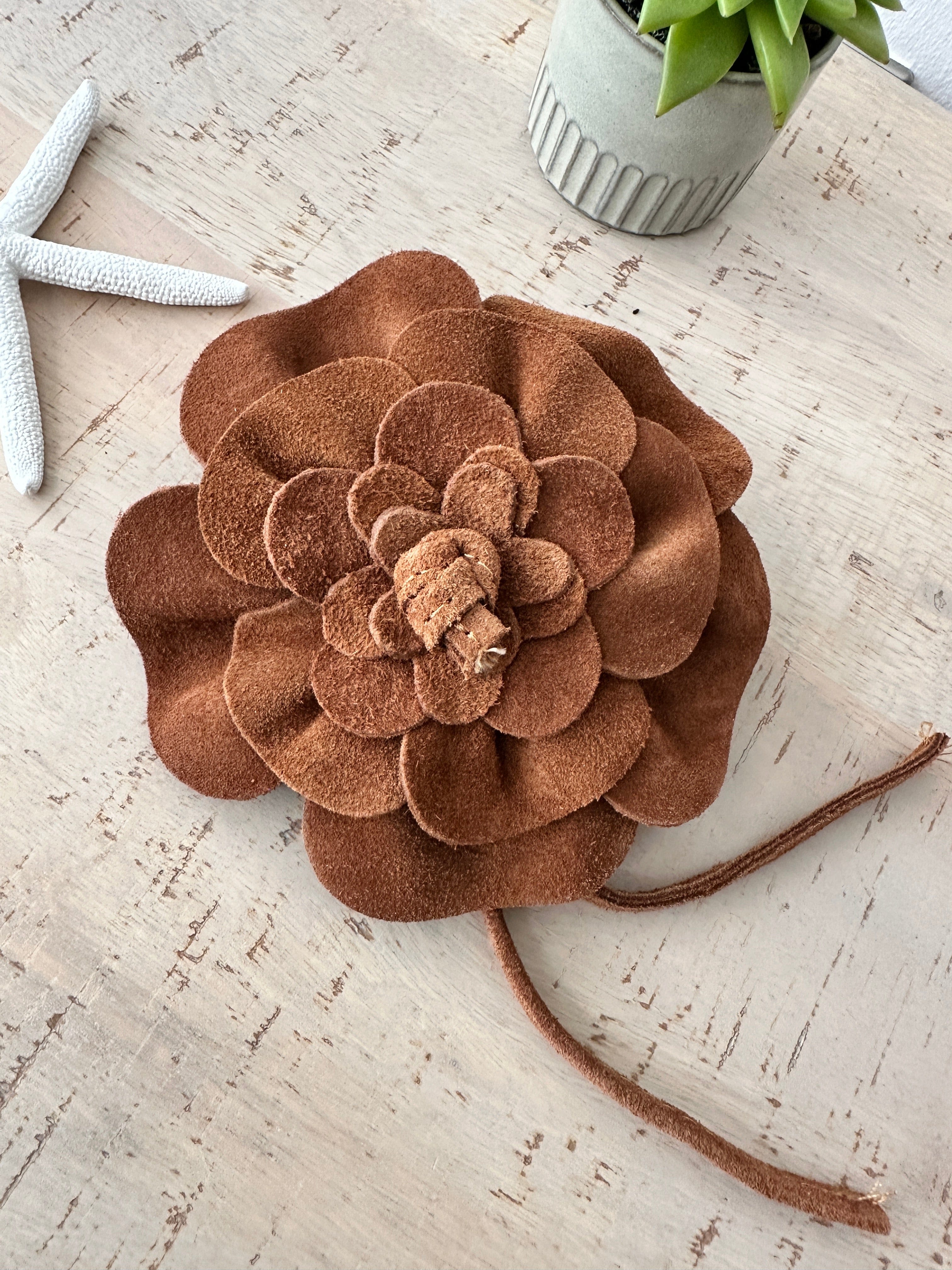 luscious scarves Belts Tan brown Genuine Italian Suede / Leather Flower Boho Belt.