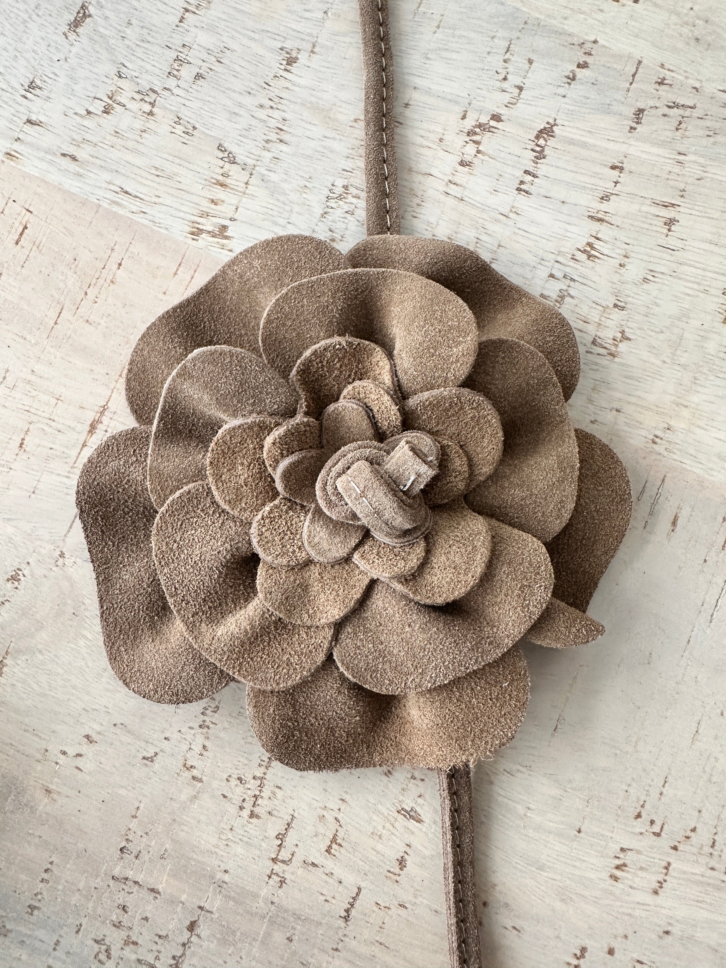 luscious scarves Belts Taupe Genuine Italian Suede / Leather Flower Boho Belt.