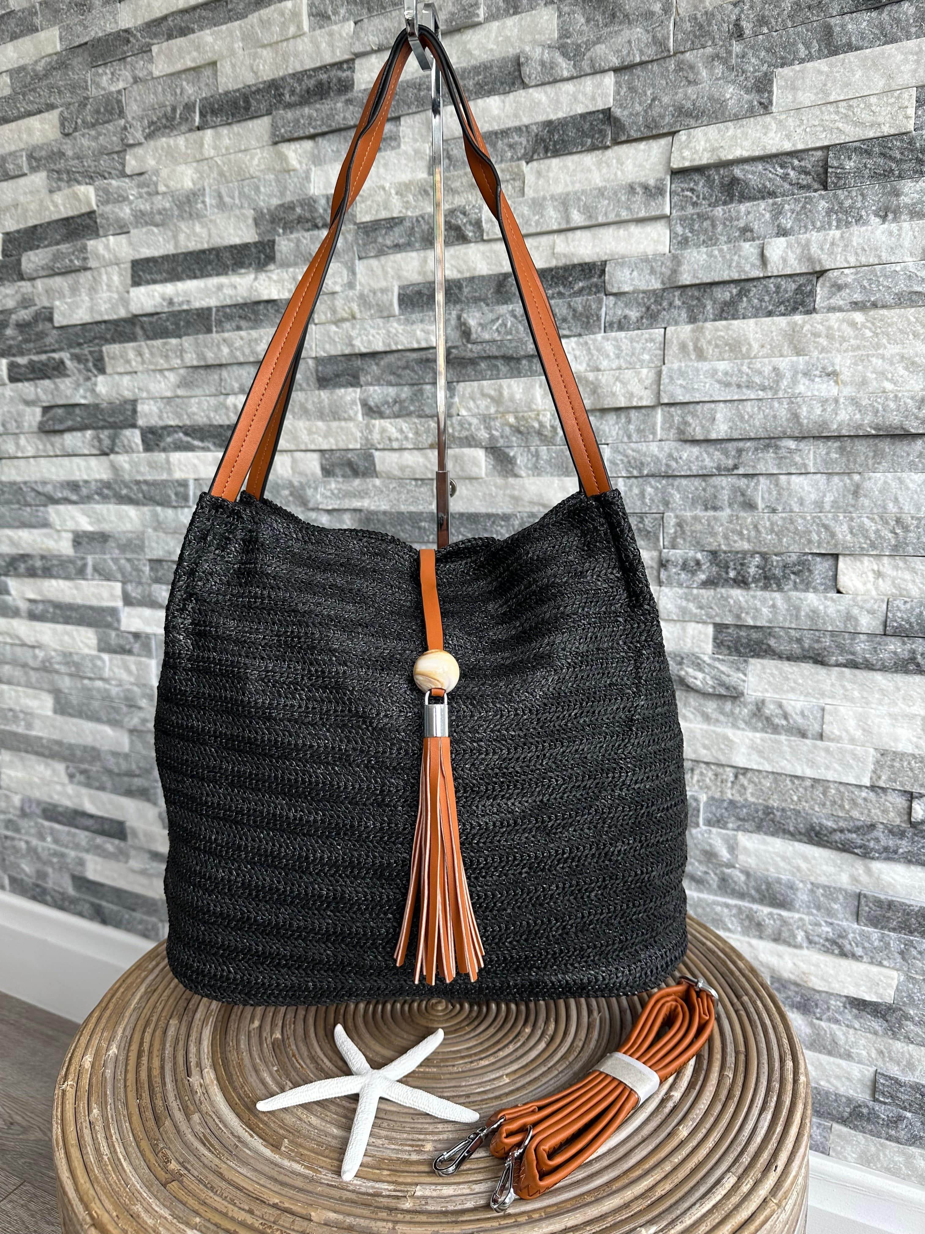 luscious scarves Black and Tan Woven Shoulder Bag with Tassel and Bead .