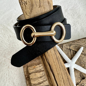 luscious scarves Black Slim Italian Leather Belt With Gold Buckle .