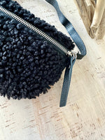 Load image into Gallery viewer, luscious scarves Black Teddy Sling / Bum Bag , with Genuine Leather Strap and Tags .
