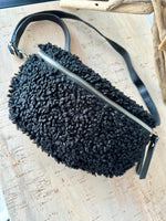 Load image into Gallery viewer, luscious scarves Black Teddy Sling / Bum Bag , with Genuine Leather Strap and Tags .
