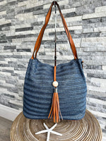 Load image into Gallery viewer, luscious scarves Blue and Tan Woven Shoulder Bag with Tassel and Bead .
