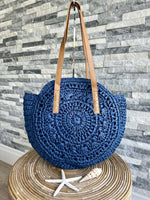 Load image into Gallery viewer, luscious scarves Blue Large Circular Straw Beach / Holiday Bag
